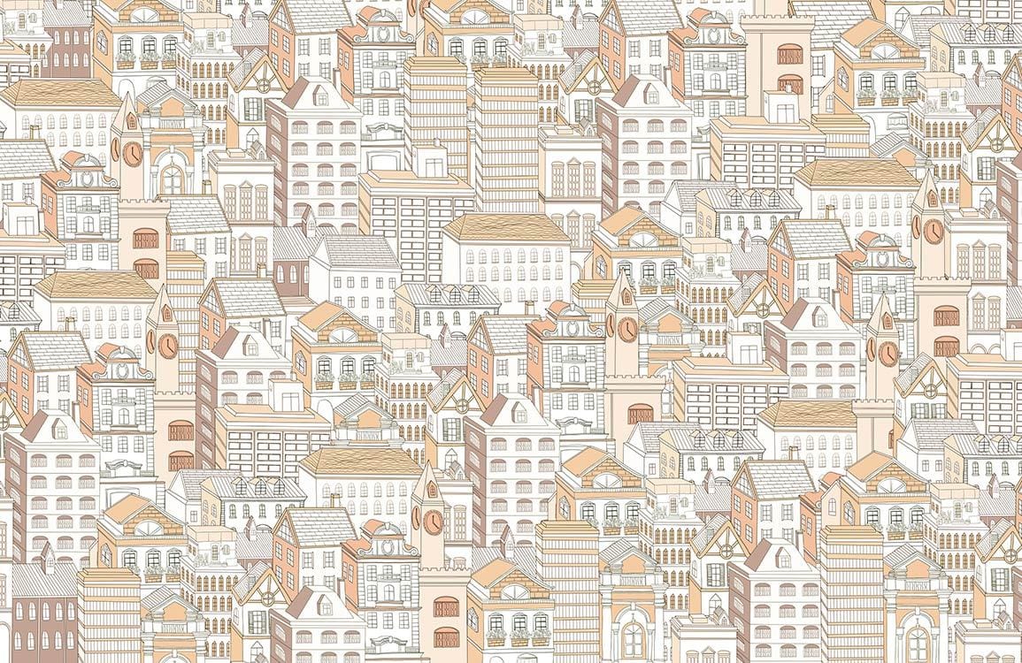 Vintage Urban Cityscape Wallpaper with Soft Earth Tones and Intricate Design