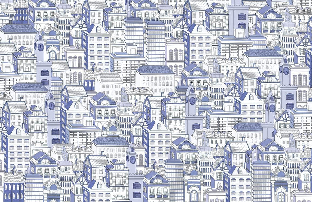 Vintage Blue Cityscape Patterned Wallpaper Mural for Elegant Urban Interiors