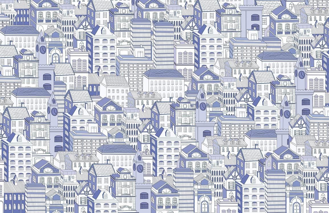Vintage Blue Cityscape Patterned Wallpaper Mural for Elegant Urban Interiors