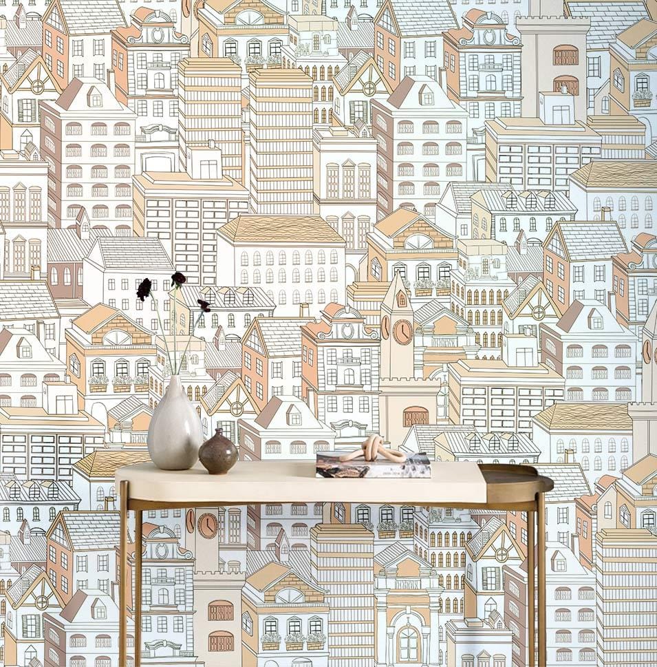 Vintage Urban Cityscape Wallpaper with Soft Earth Tones, intricate design, elegant console table in house.