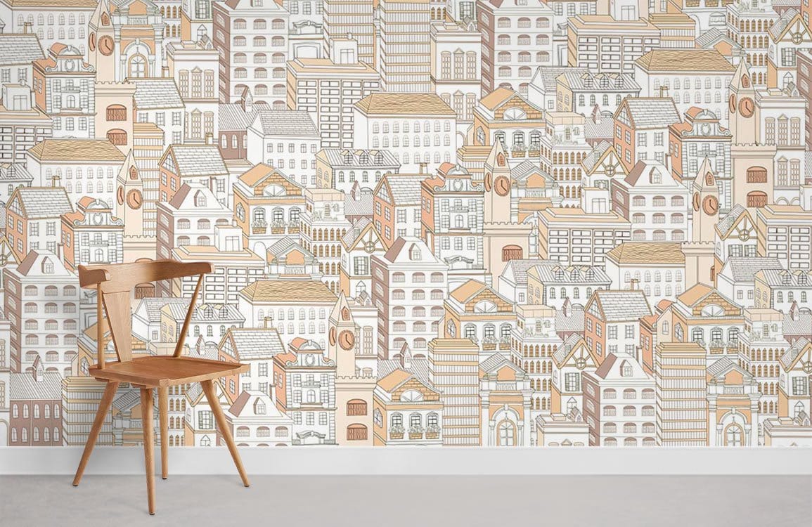 Vintage urban cityscape wallpaper with soft earth tones; wooden chair; minimalist concrete flooring.
