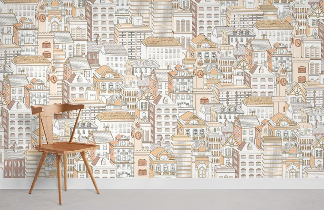 Vintage urban cityscape wallpaper with soft earth tones; wooden chair; minimalist concrete flooring.