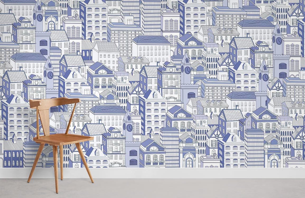 Vintage blue cityscape patterned wallpaper mural in urban dining room with wooden chair and concrete floor.