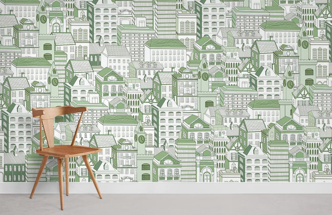 Modern room with green urban landscape wallpaper, wooden chair, white skirting, concrete flooring, architectural design.