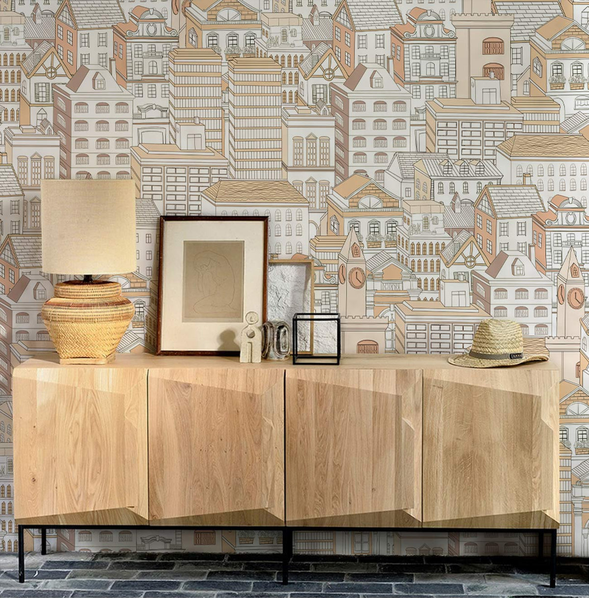 Vintage Urban Cityscape Wallpaper, earth tones, wooden sideboard, stone flooring, intricate design.