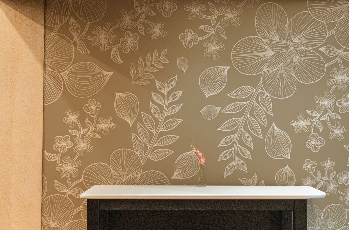 Beige Botanical Elegance floral wallpaper behind minimalist console table in chic, modern interior setting.