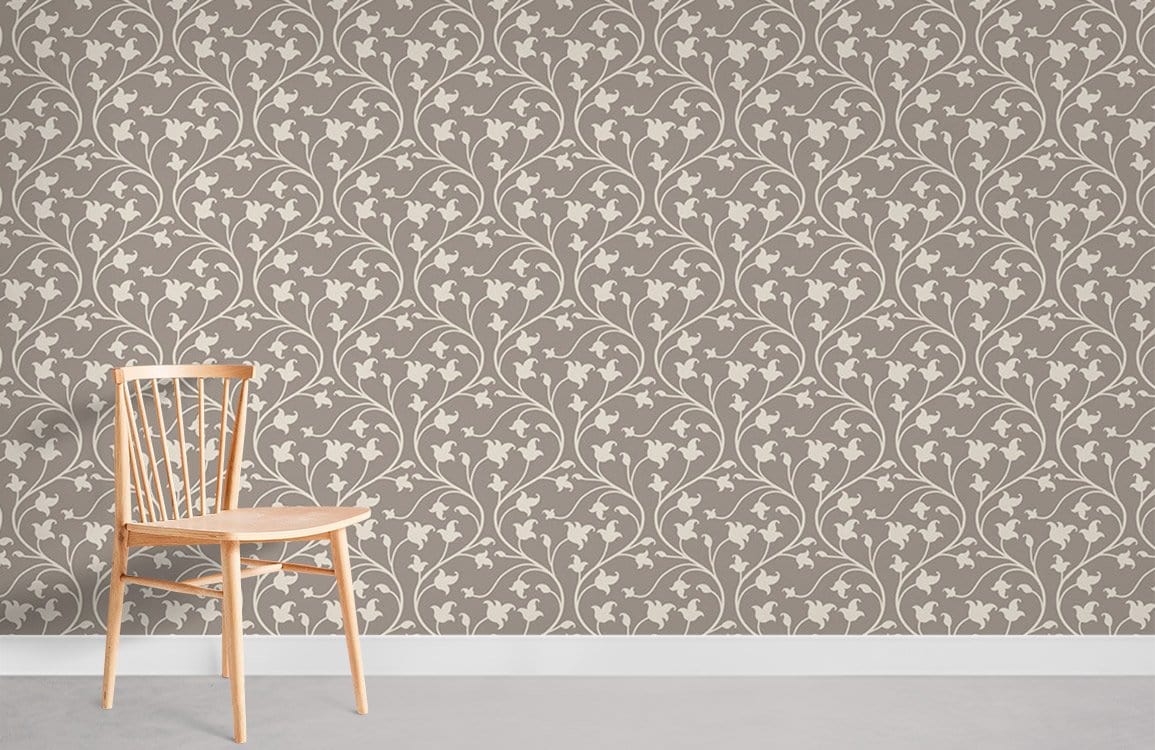 Elegant taupe floral wallpaper in vintage style with wooden chair, grey floor in minimalist room.