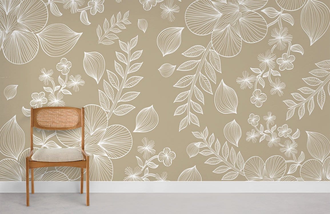 Beige floral pattern wallpaper with chair, chic interior design, elegant botanical theme, beige wall.