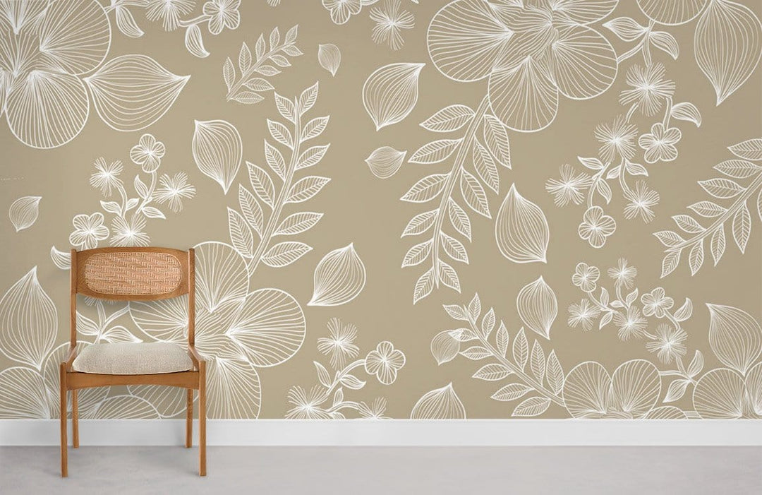 Beige floral pattern wallpaper with chair, chic interior design, elegant botanical theme, beige wall.