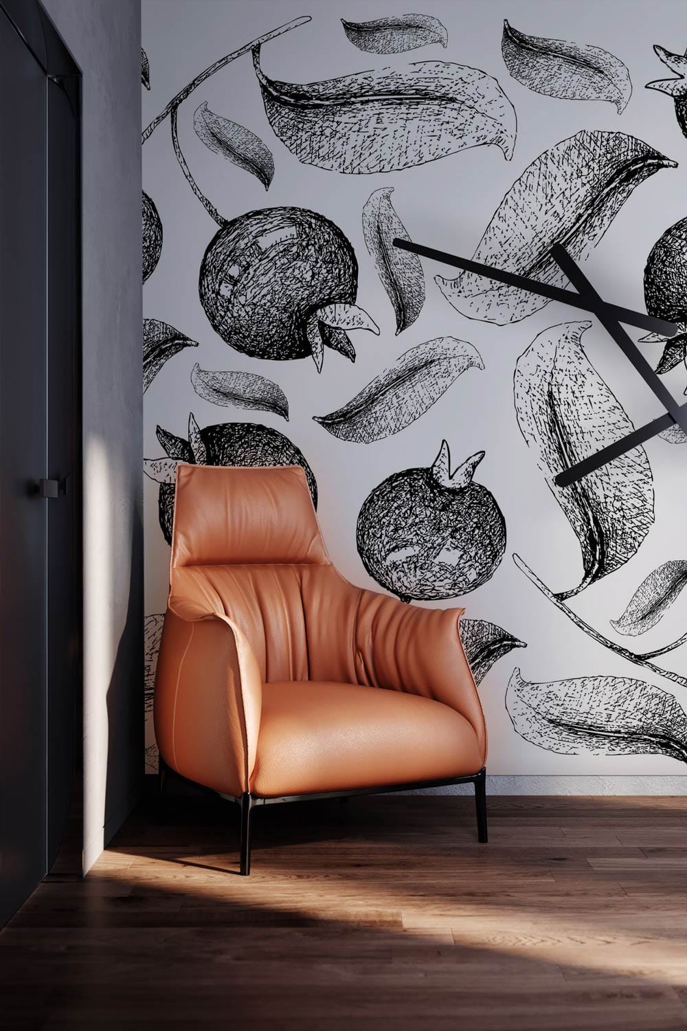 Monochrome pomegranate wallpaper, tan armchair, wooden flooring, modern interior wall art, subtle elegance.
