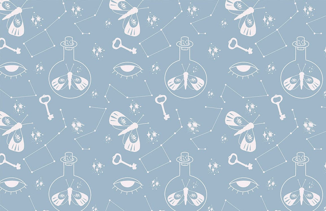Mystical Blue Celestial Moth Pattern Wallpaper with Keys and Stars