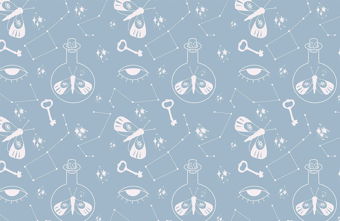 Mystical Blue Celestial Moth Pattern Wallpaper with Keys and Stars