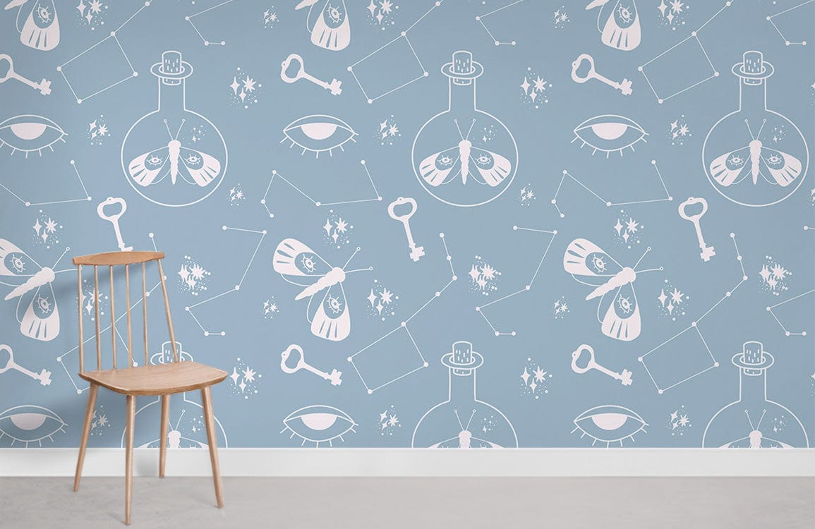Mystical Blue Celestial Moth Wallpaper with Keys, Stars; wooden chair; minimalistic design; light grey flooring.