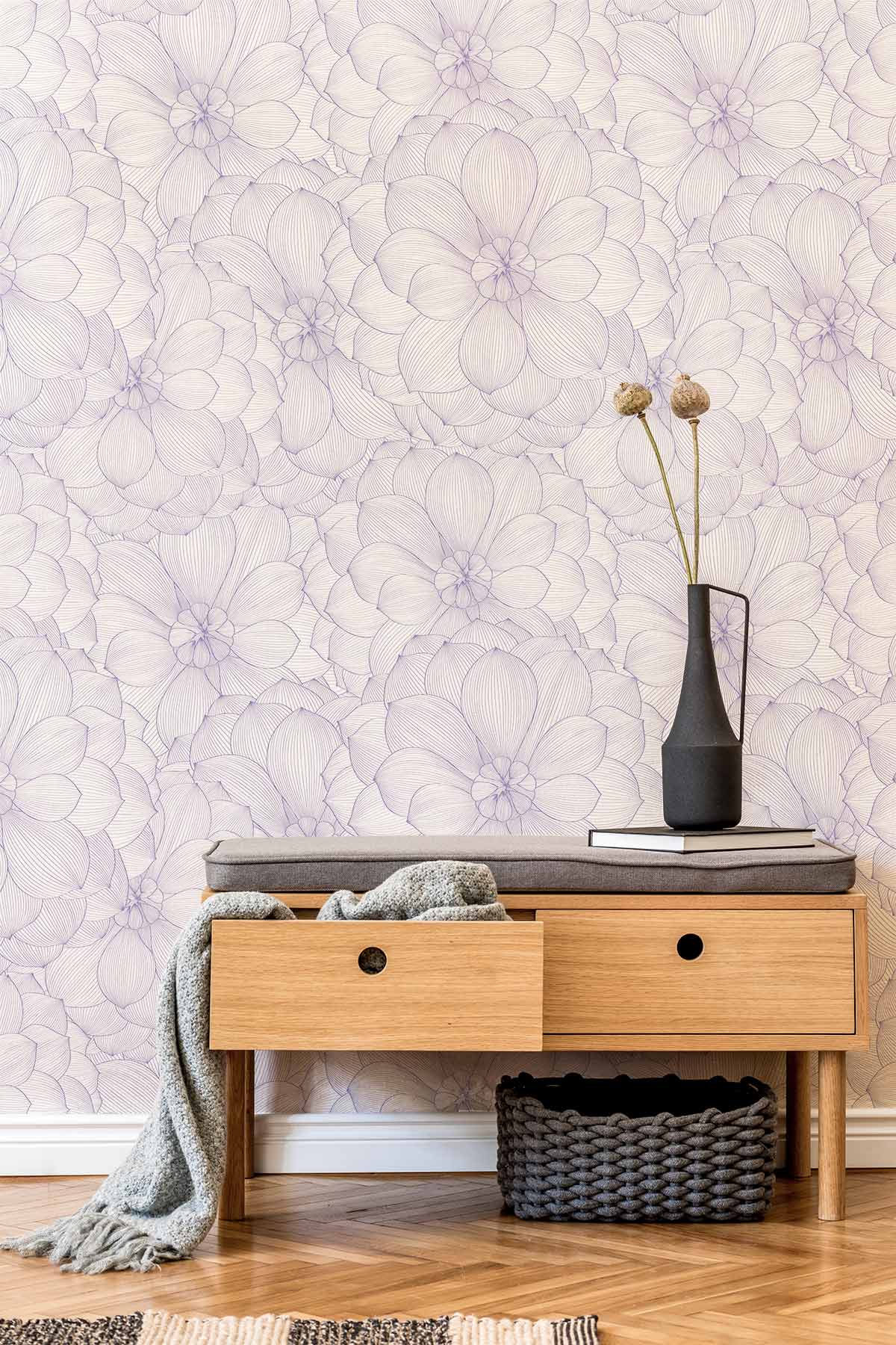 Lavender line art floral wallpaper, wooden console table, herringbone flooring, neutral grey decor, elegant design.