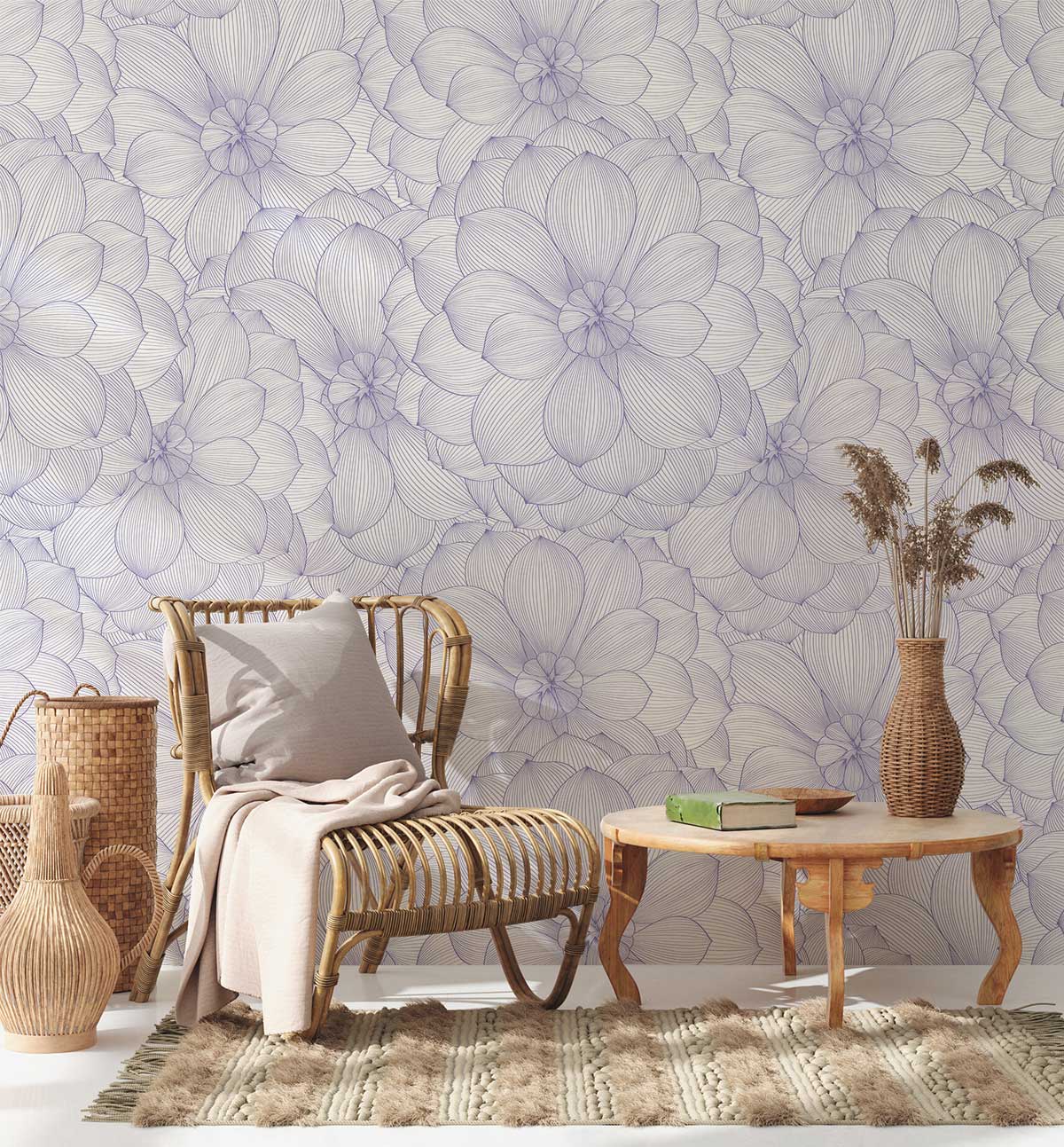 Lavender Floral Elegance wallpaper with line art, wicker chair, wooden table, and textured rug.
