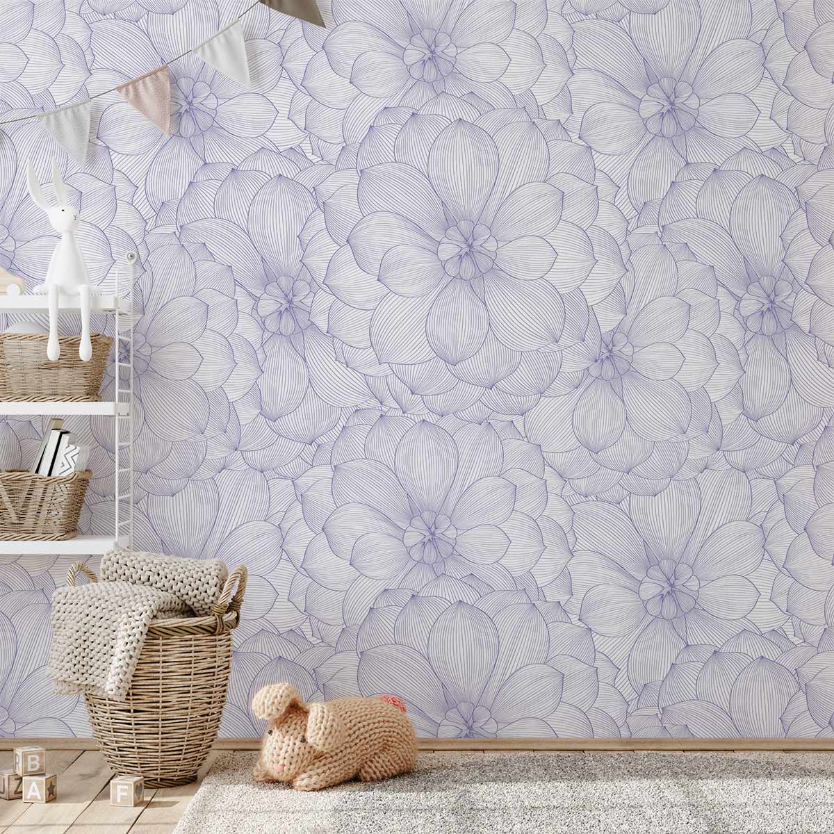 Lavender Floral Elegance wallpaper in living room with wicker basket, nursery shelf, plush carpet.