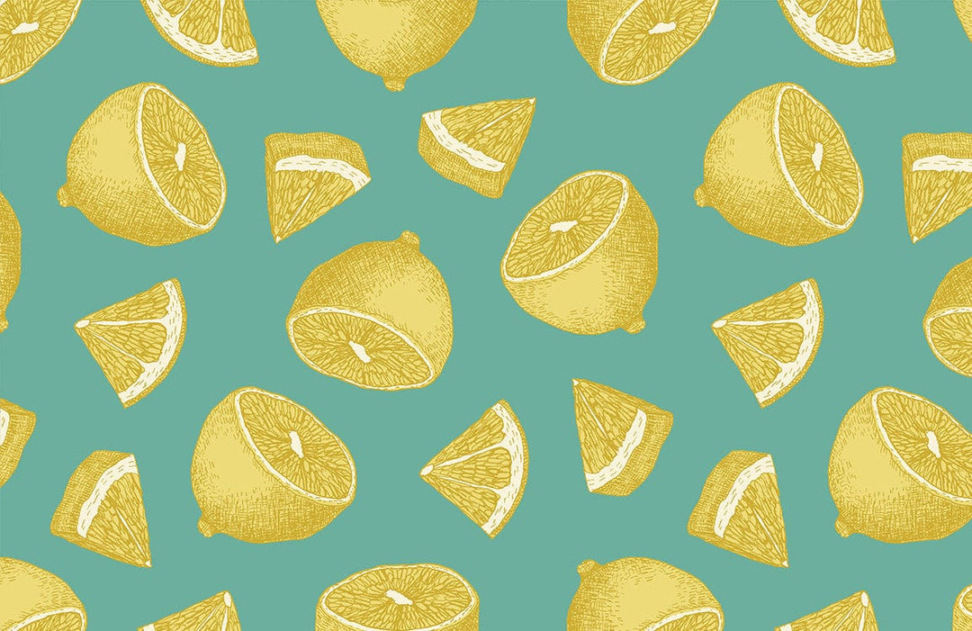 Vintage Lemon Pattern Wallpaper in Teal and Yellow for Kitchen Decor