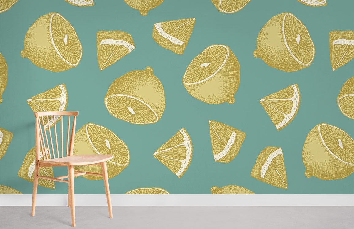 Vintage lemon-themed teal and yellow wallpaper, wooden chair against modern kitchen decor, grey flooring.