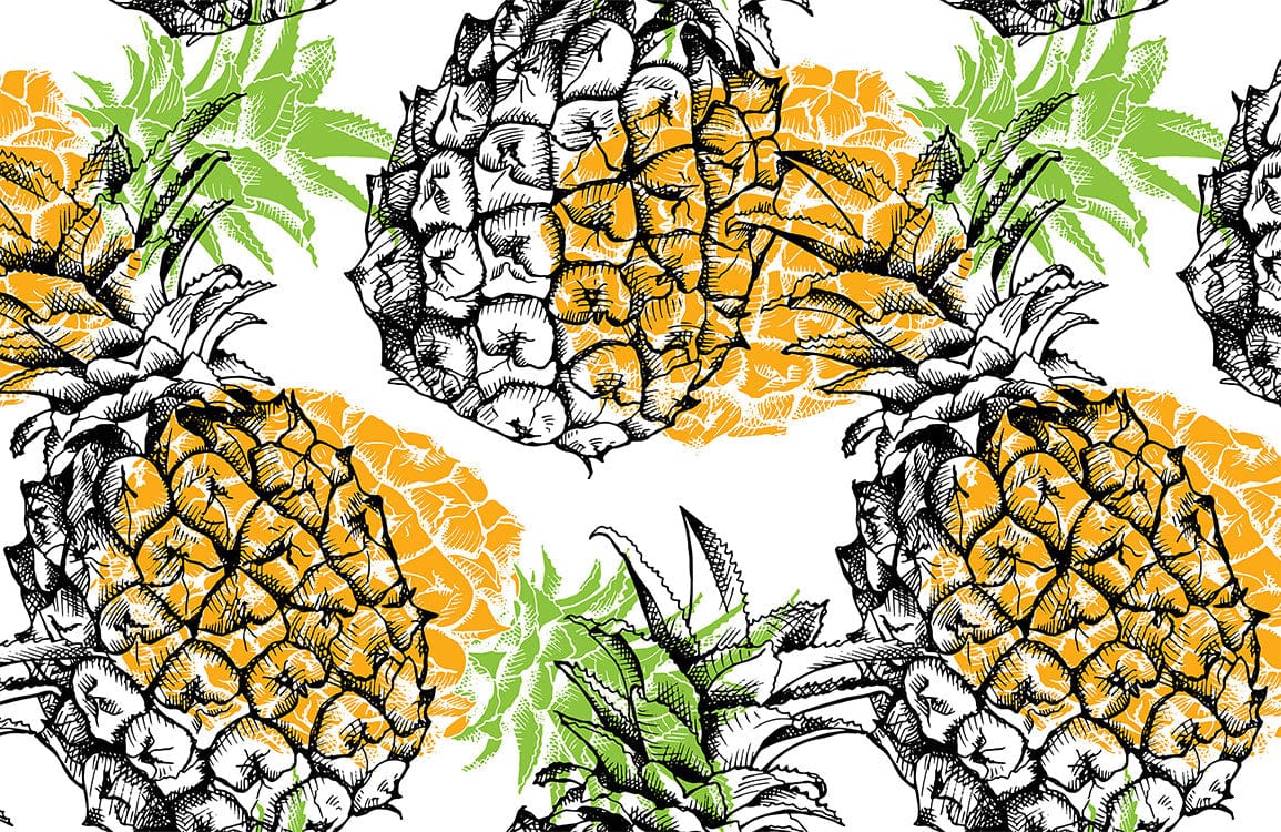 Tropical Pineapple Art Print Wallpaper in Vibrant Yellow and Green Design