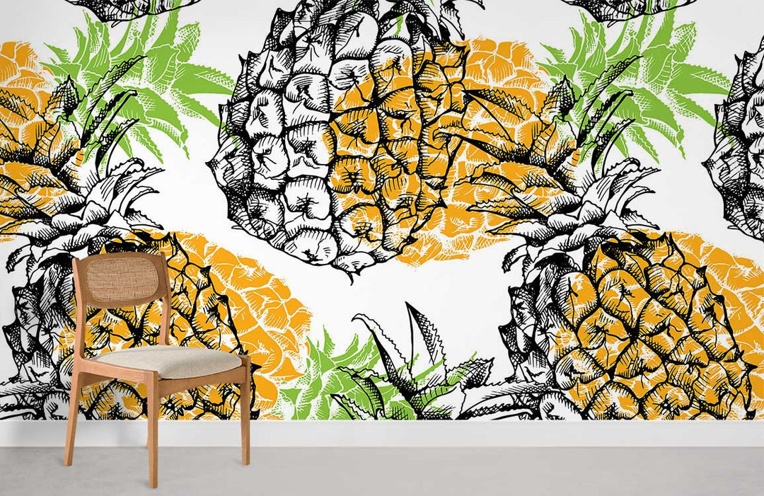 Vibrant tropical pineapple art wallpaper with a wooden chair; striking yellow and green design.