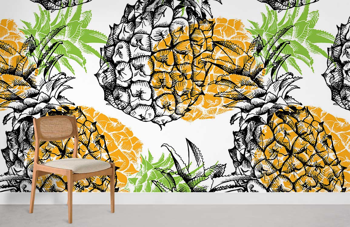 Linedrawn Pineapples Wallpaper Mural