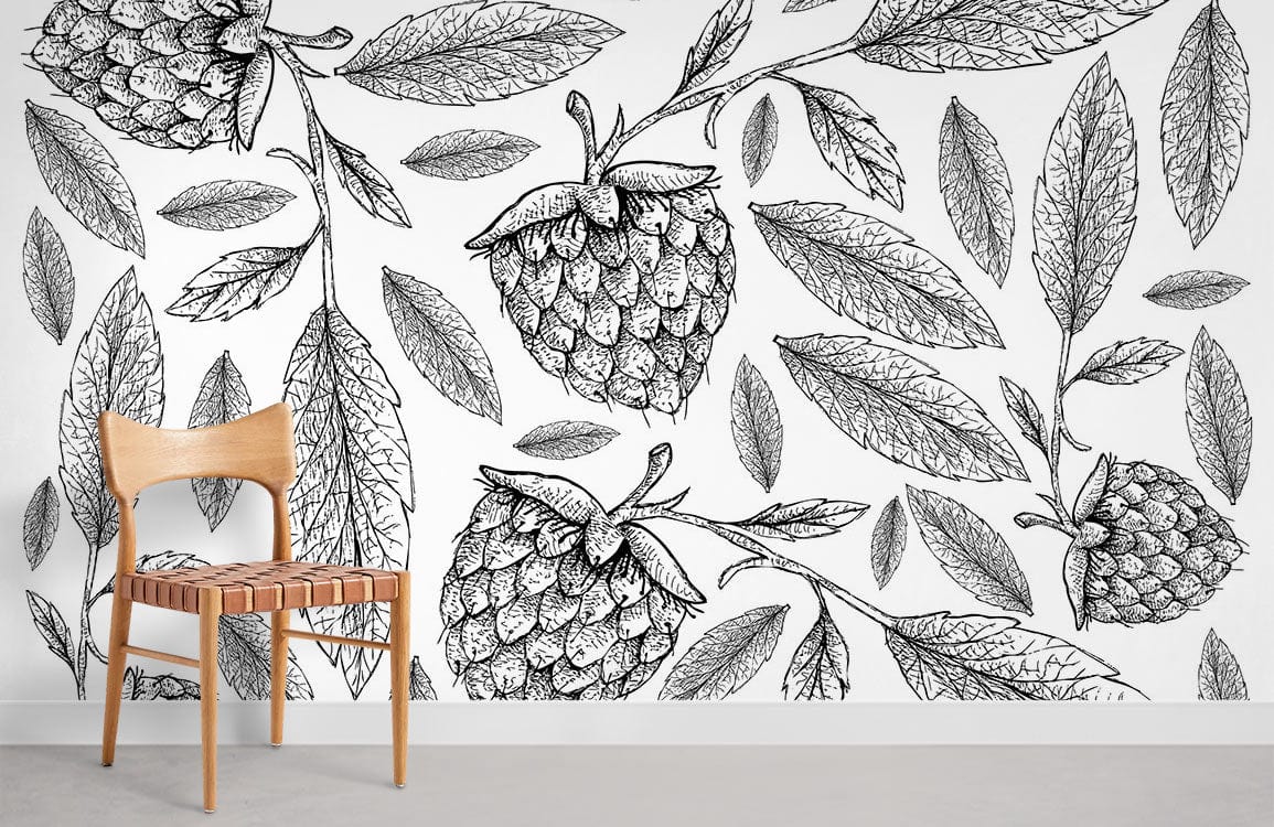 Monochrome botanical berry wallpaper with wooden chair, elegant interior, neutral flooring, sketch pattern.