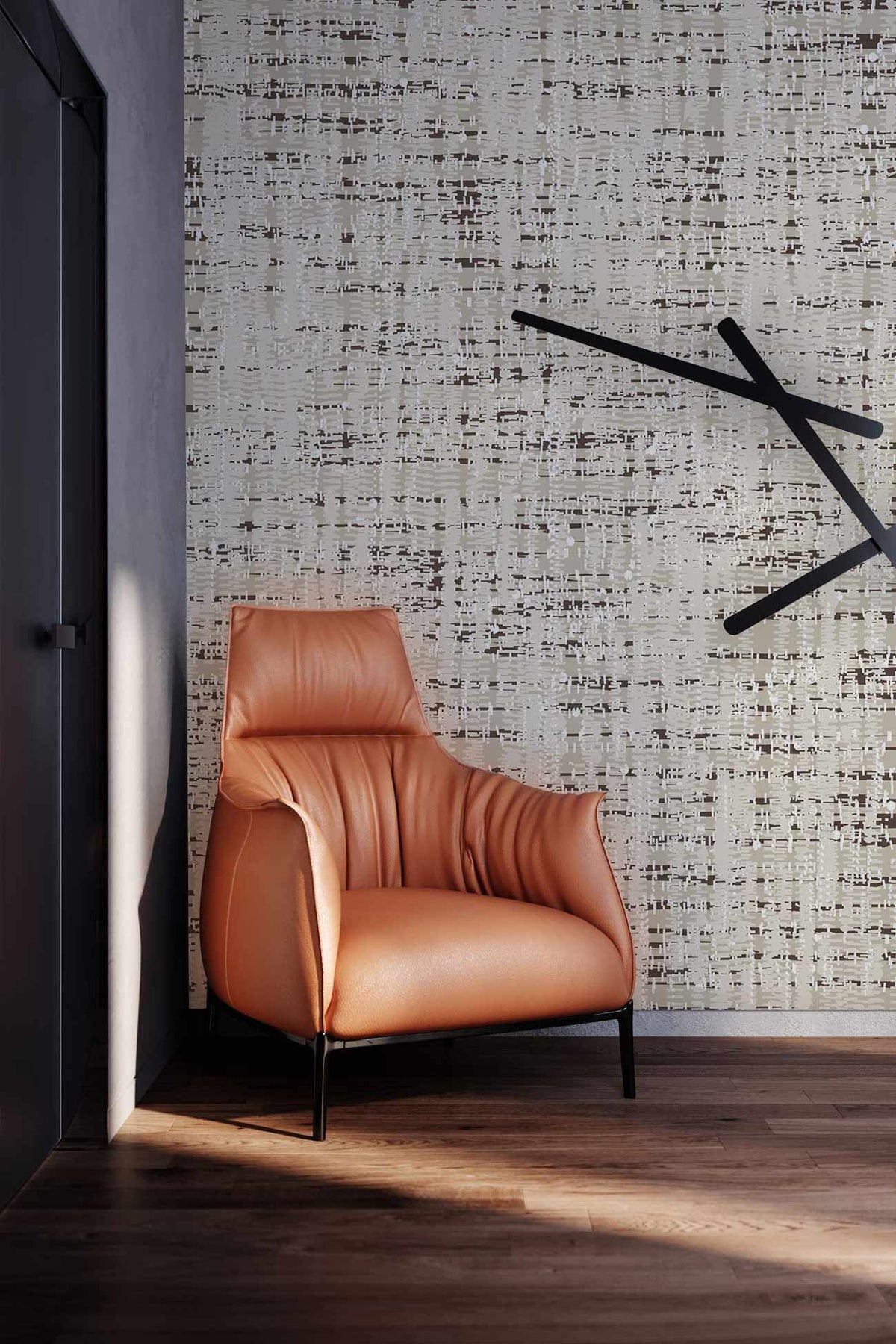 Textured beige and charcoal wallpaper with modern armchair, wooden flooring, and contemporary wall decor.