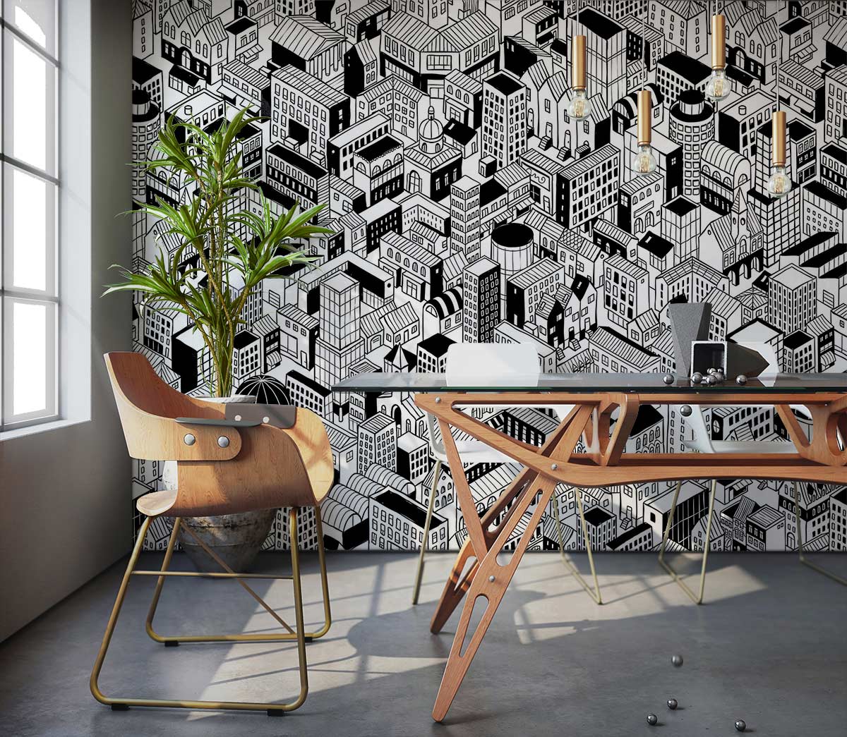 Monochrome urban cityscape wallpaper mural, black and white design, modern chairs, concrete flooring, dining area.