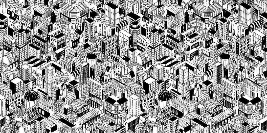Monochrome Urban Cityscape Patterned Wallpaper Mural - Contemporary Black and White Design