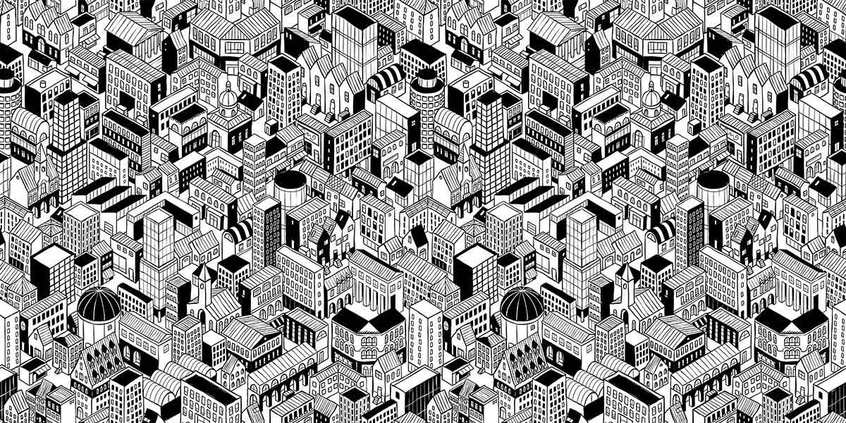 Monochrome Urban Cityscape Patterned Wallpaper Mural - Contemporary Black and White Design