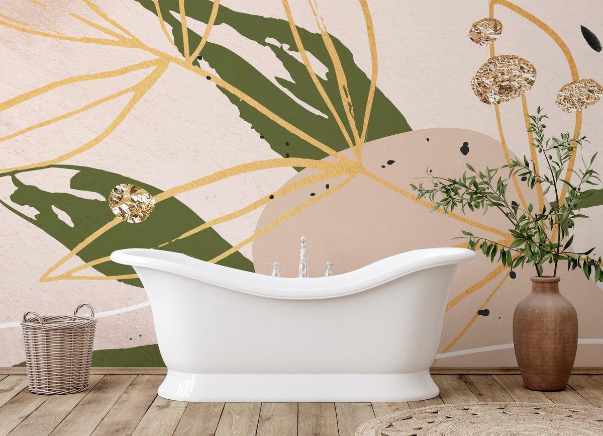 Abstract green and gold mural wallpaper, elegant bathroom, hardwood flooring, white freestanding bathtub, vase.