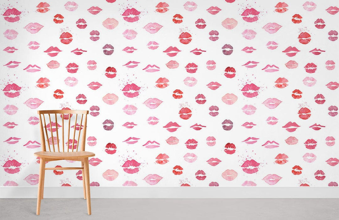 Chic pink lips pattern wallpaper in modern room with wooden chair, grey flooring; vibrant playful design.