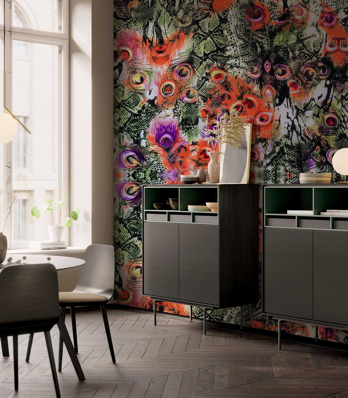 Exotic Jungle wallpaper in modern dining room, dark wood furniture, vibrant decor, herringbone floor.