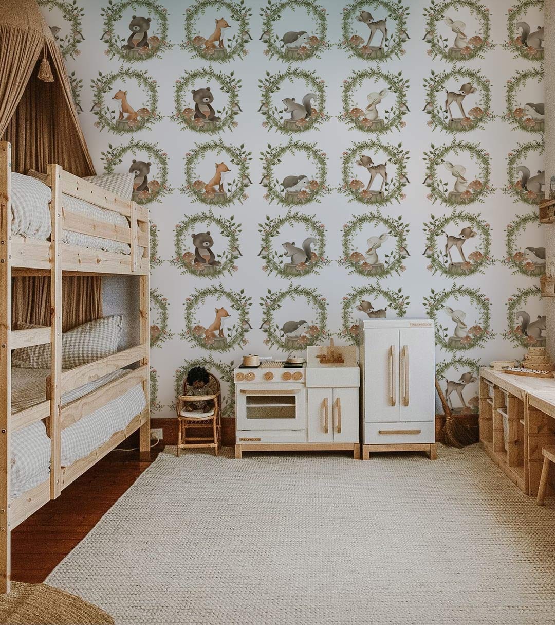 Charming Woodland Creatures Kids' Wallpaper, nursery room, wooden bunk beds, play kitchen, soft earthy tones.