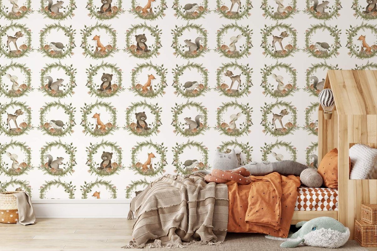 Charming Woodland Creatures Kids' Wallpaper with soft earthy tones, wooden bed, cosy bedding, neutral flooring.