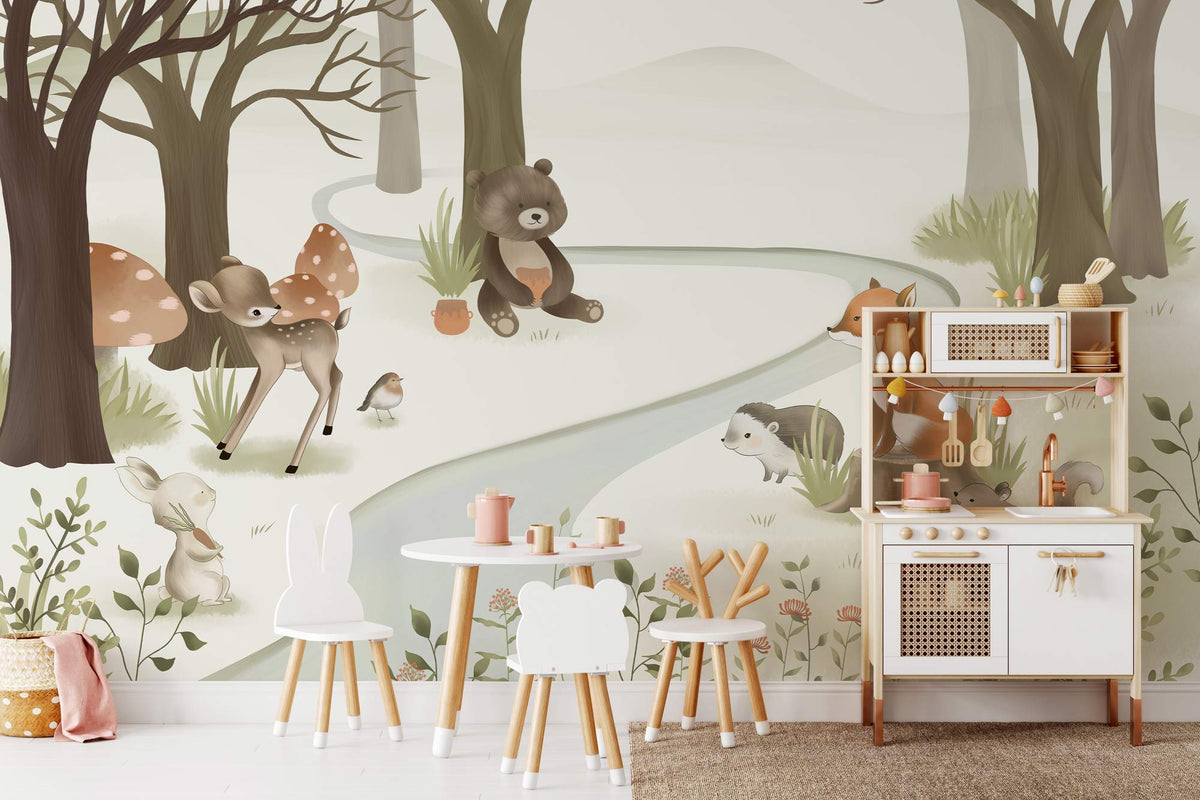 Woodland Animals mural wallpaper in kids' room with white table, chairs, play kitchen, and soft rug.