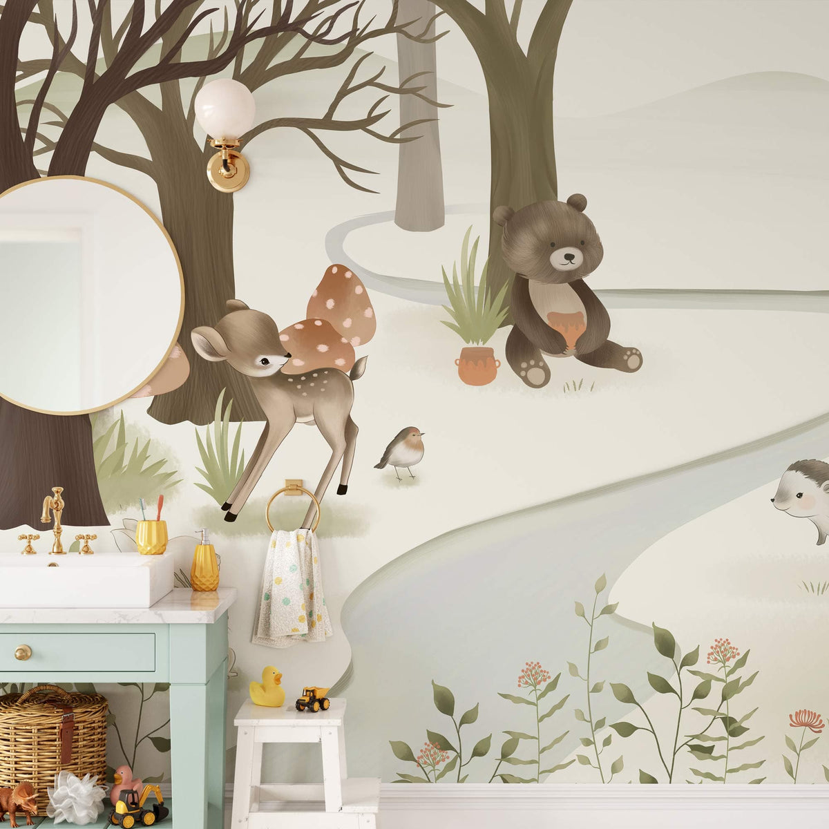 Charming woodland animals mural wallpaper, white bathroom, pastel vanity, round mirror, playful kids' decor.