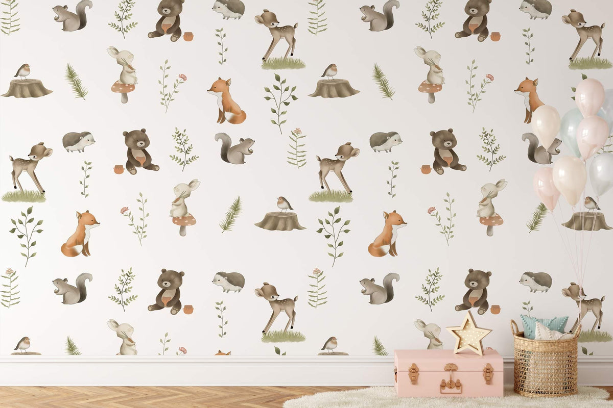 Charming pastel woodland animals wallpaper in nursery, wooden flooring, soft rug, pink toys and balloons.