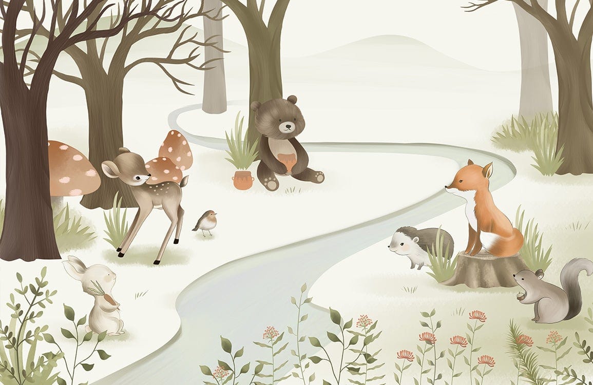 Woodland Animals Mural Wallpaper: Soft Pastel Forest Adventure for Kids' Rooms