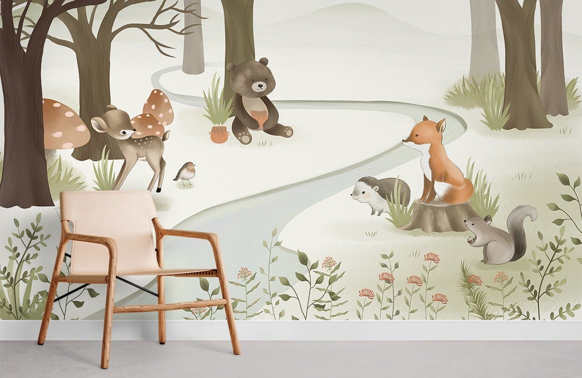 Woodland Animals Mural Wallpaper in kids' room, featuring armchair and soft grey flooring.