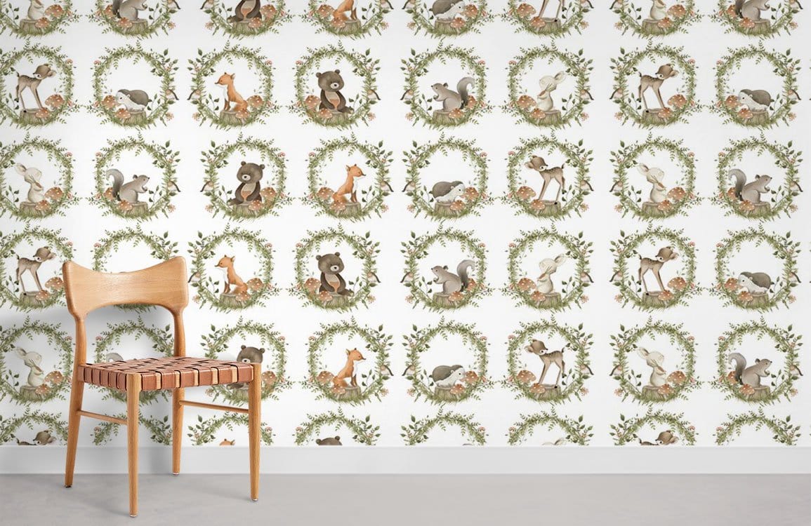Charming Woodland Creatures Kids' Wallpaper with wooden chair, soft earthy tones. Ideal for children's room.