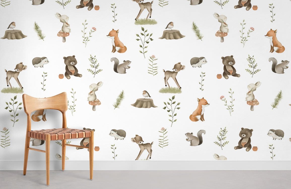 Charming woodland creatures wallpaper with soft pastel animals, wooden chair, grey floor in nursery room.