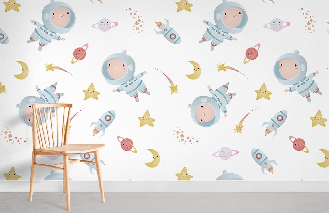 Charming Astronauts and Stars Kids Wallpaper in colourful space design, wooden chair, grey flooring.