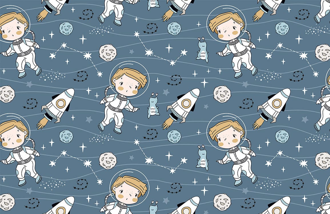 Blue Outer Space Adventure Children's Astronaut Pattern Wallpaper for Kids' Rooms