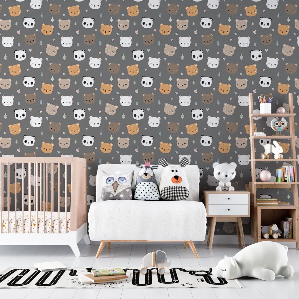 Charming cat wallpaper in nursery with white sofa, wooden crib, and shelf in cosy decor.