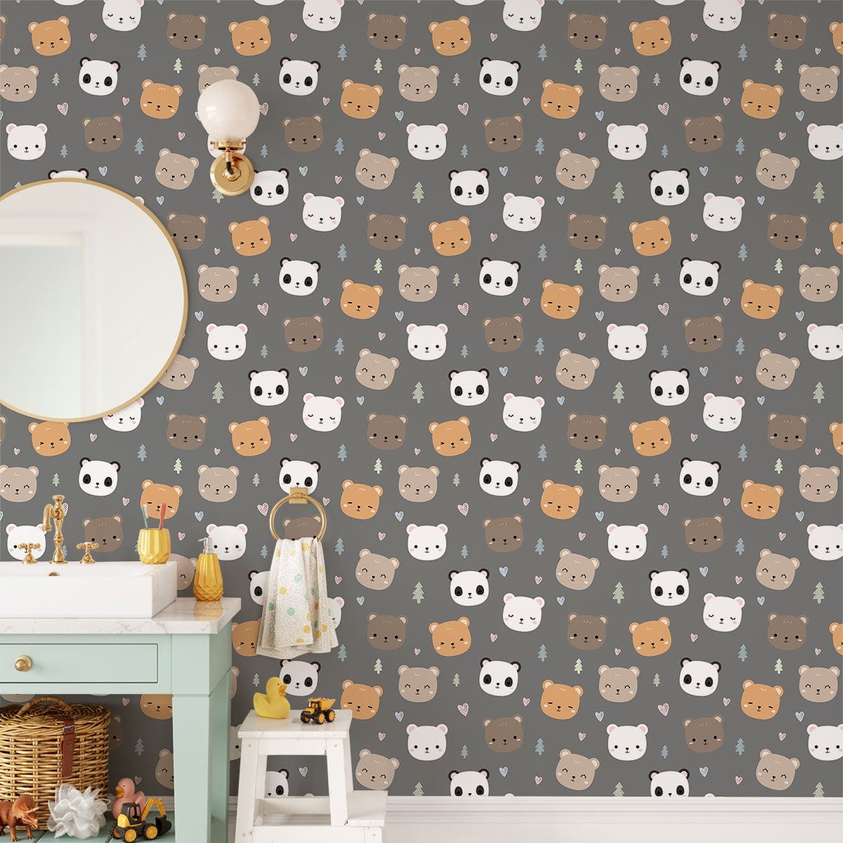 Patterned children's nursery wallpaper featuring adorable cat faces in grey and brown, alongside bathroom decor.
