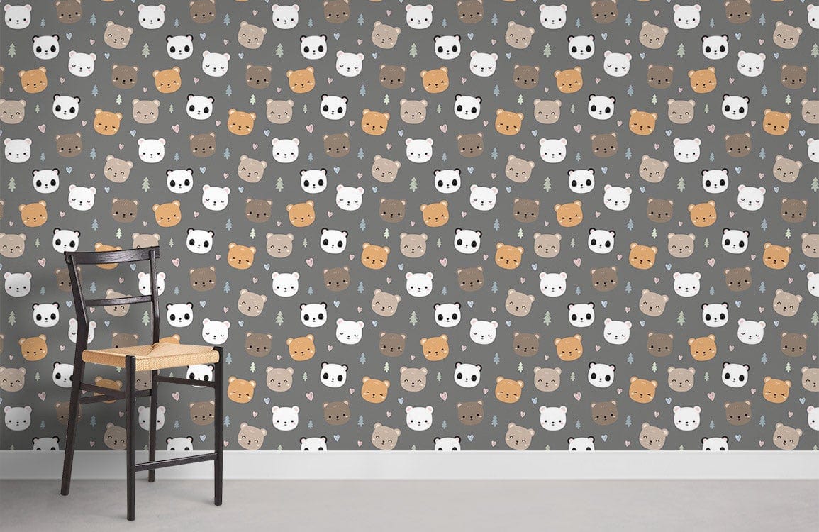 Charming cat face nursery wallpaper with grey and brown pattern, matched with black chair, light flooring.