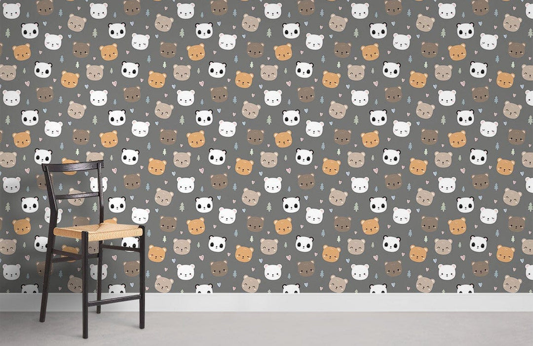 Charming cat face nursery wallpaper with grey and brown pattern, matched with black chair, light flooring.