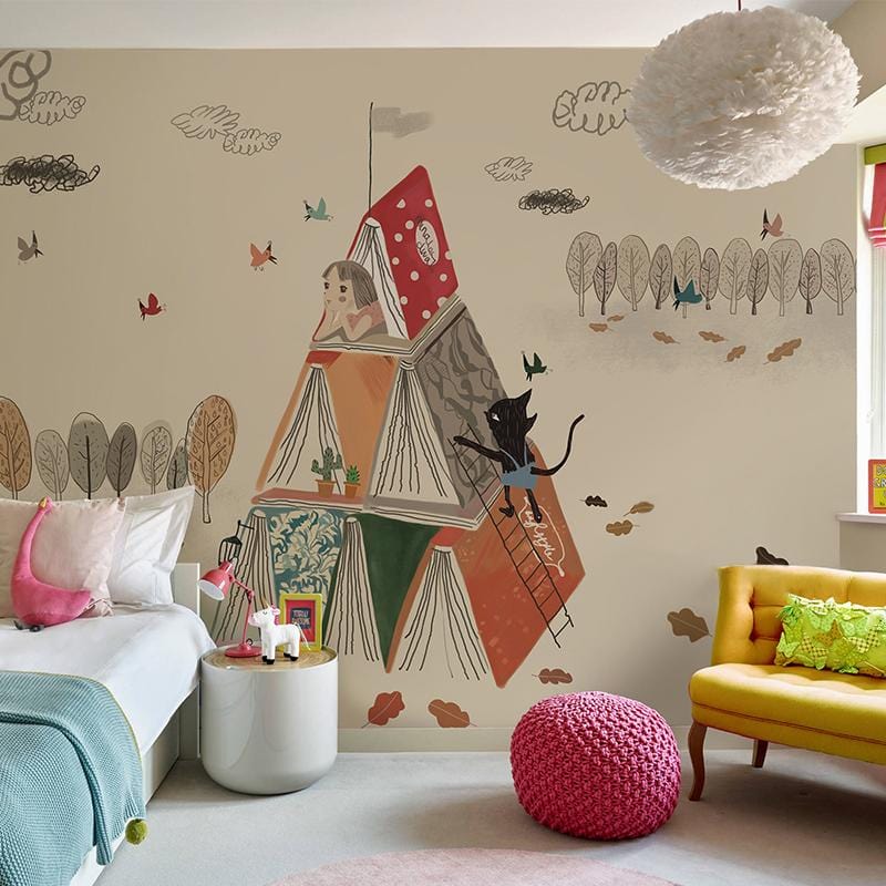 Whimsical Autumn Adventure Kids' Mural, earthy colours, cosy kids' room with white walls and vibrant decor.