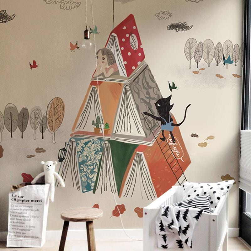 Whimsical Autumn Adventure Kids' Mural Wallpaper, earthy hues; cosy children's room with wooden stool, plush white sofa.